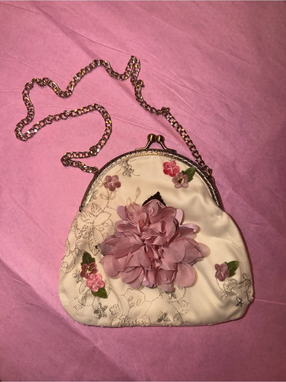 Biscotti Cream Floral Appliqué Clutch with Pink Flower